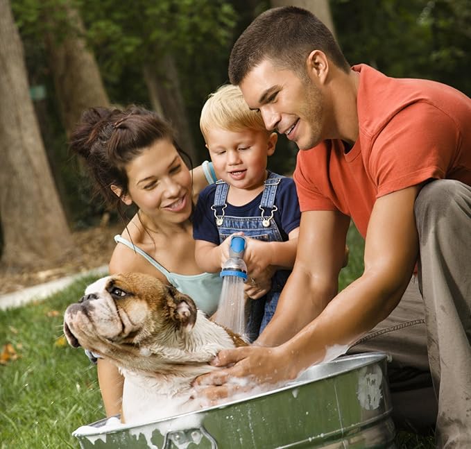 Garden hose sprayer with thumb control valve for easy water flow management.