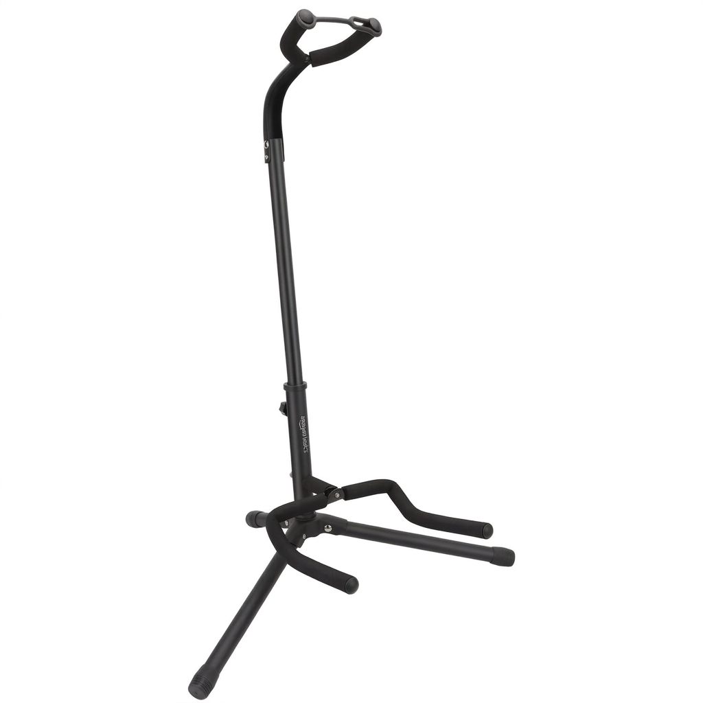 Height adjustable portable foldable guitar stand for acoustic, electric, bass guitars, and banjos with padded non-slip support