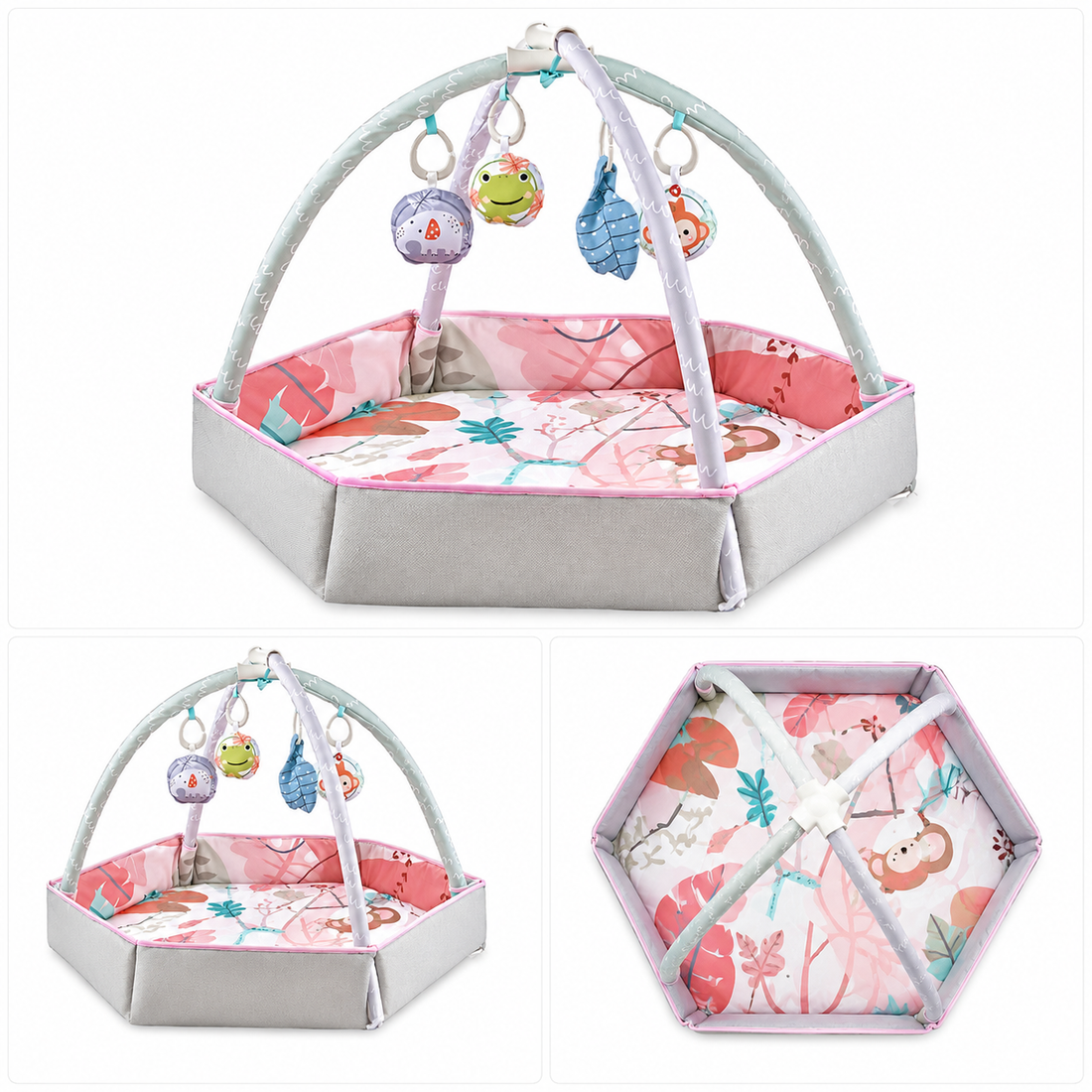 Hexagon baby activity play gym with raised sides and hanging toys