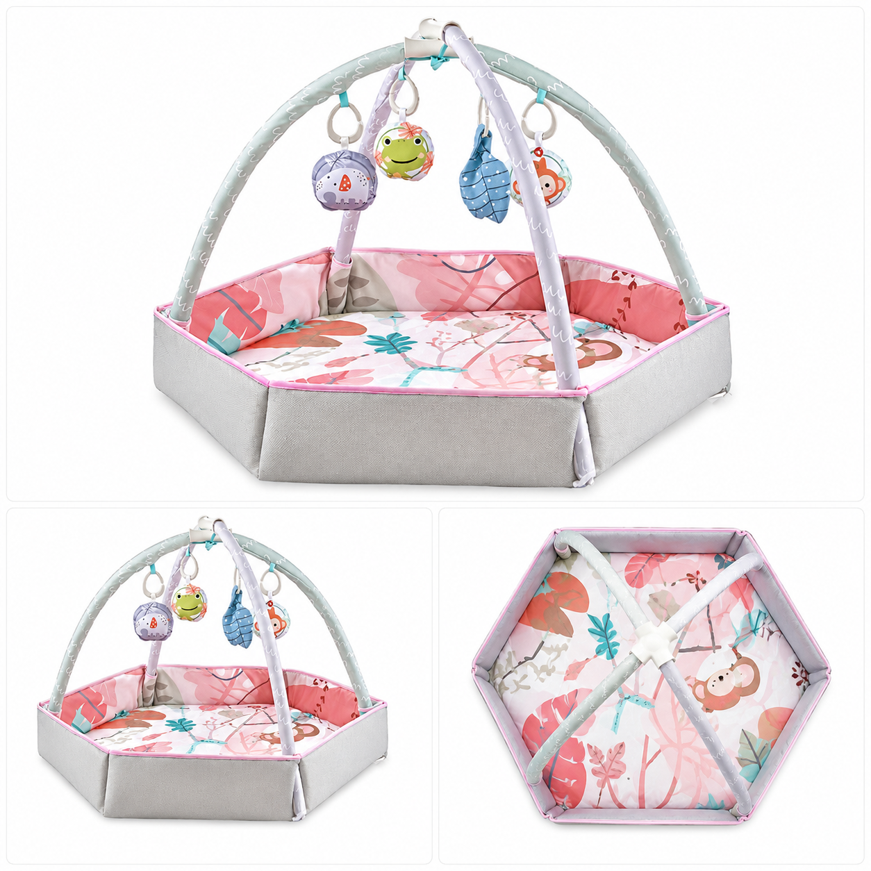 Hexagon baby activity play gym with raised sides and hanging toys