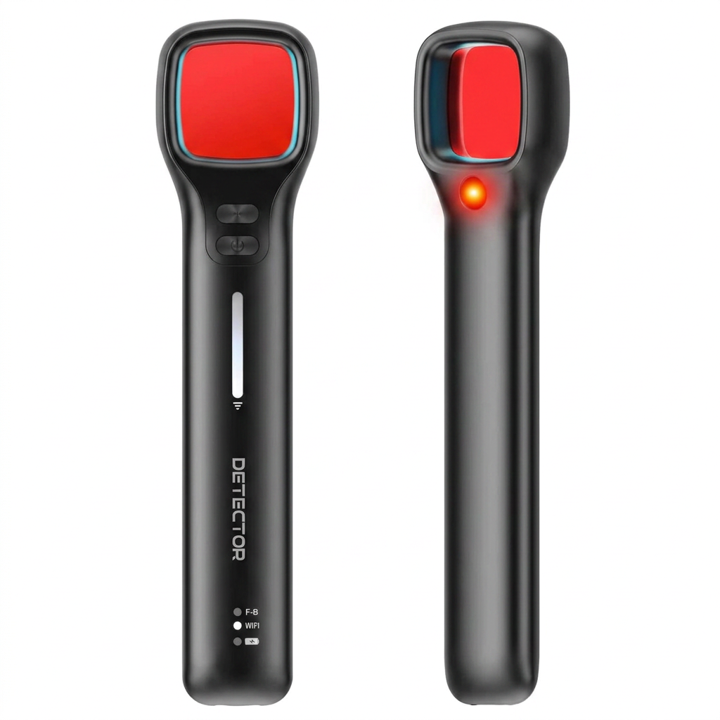Hidden Camera Detector with viewfinder, designed for detecting wireless cameras, bugs, and pin-hole cameras.