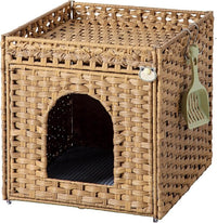 hidden cat litter box furniture with handwoven rattan design