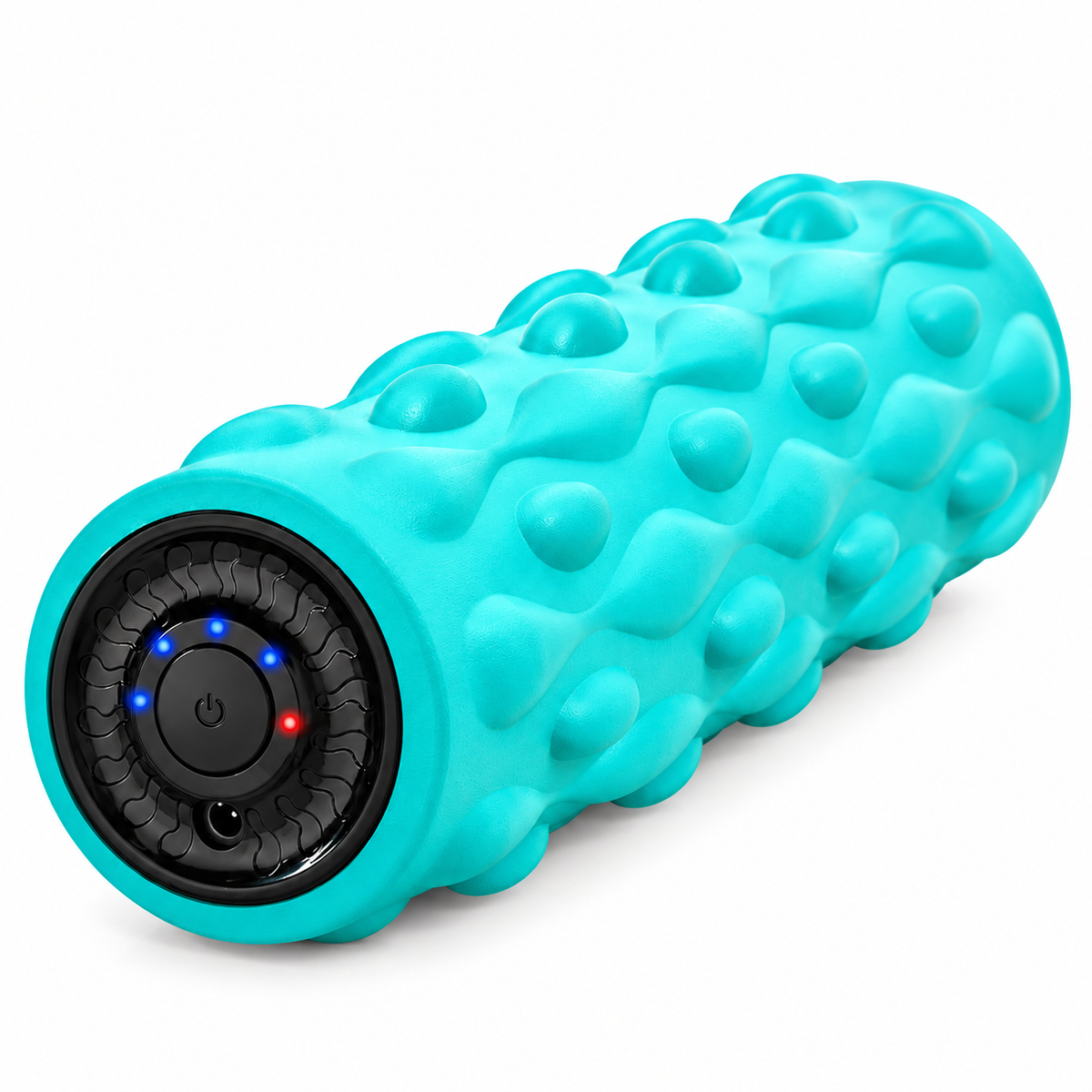 Blue high-density vibrating foam roller designed for fitness and stretching routines.
