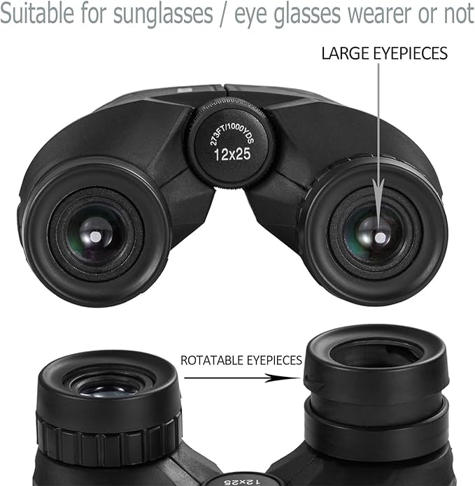 High power easy focus binoculars with large eyepiece design