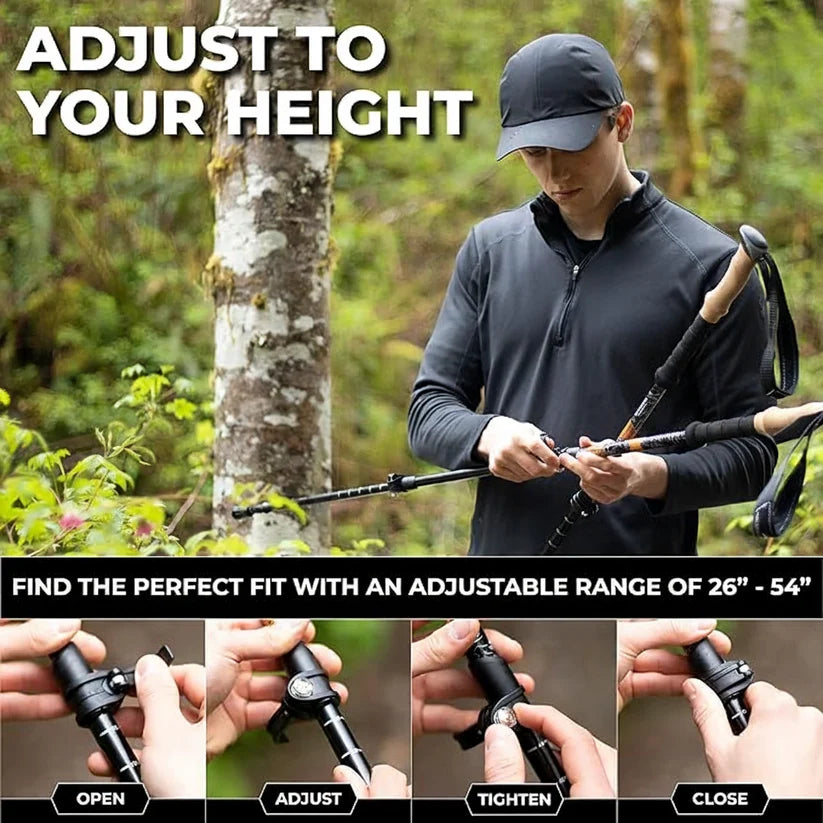Hiker wearing a hydration backpack while walking with trekking poles