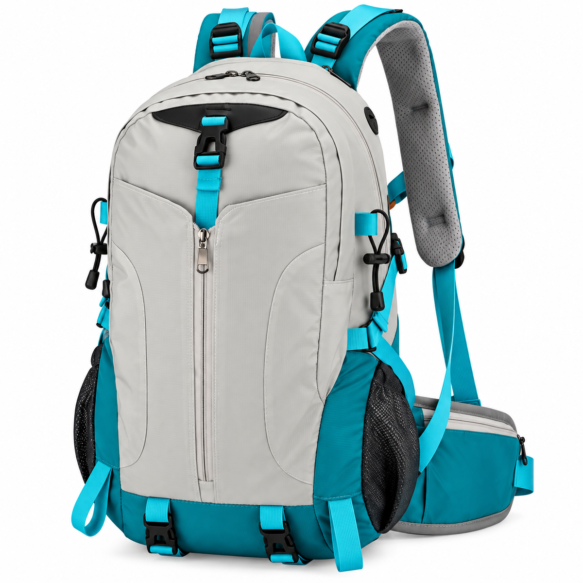 Hiking backpack with 40L capacity and breathable back panel for outdoor travel.