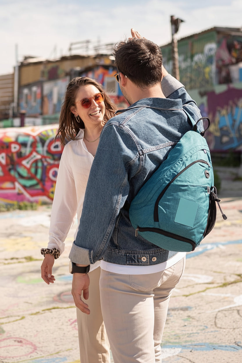 Person wearing chest sling bag for hiking, travel, and outdoor activities