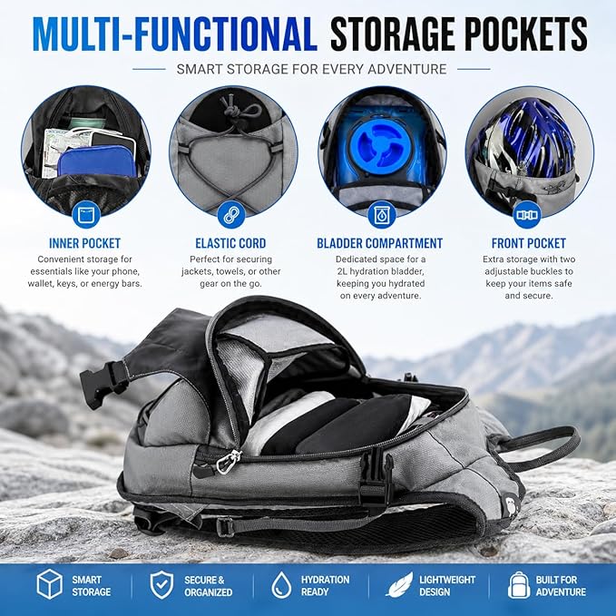 Hiking hydration pack with hands free drinking tube and compact storage design