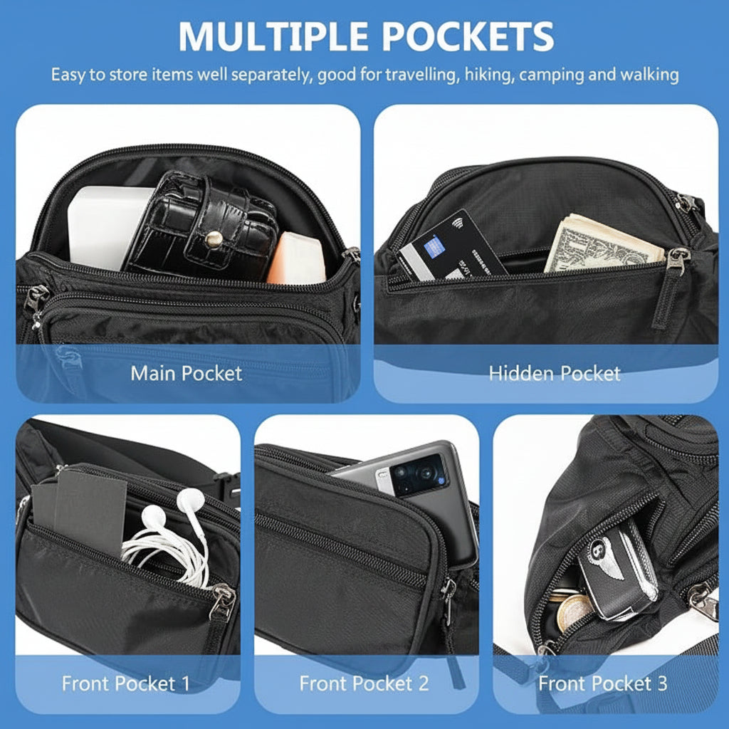 Front view of hiking waist pack with multiple compartments