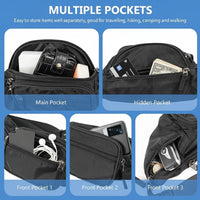 Front view of hiking waist pack with multiple compartments
