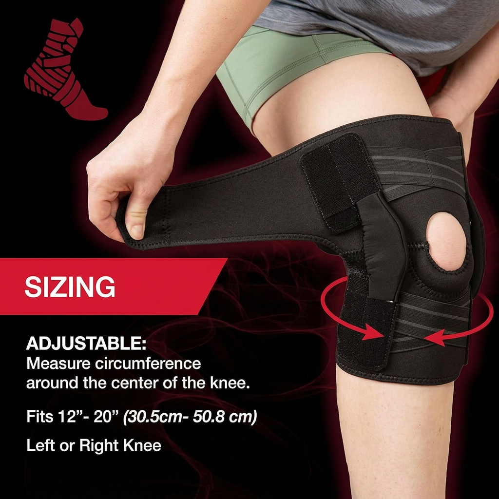 Hinged knee brace worn during physical activity providing lateral stabilization and knee pain relief