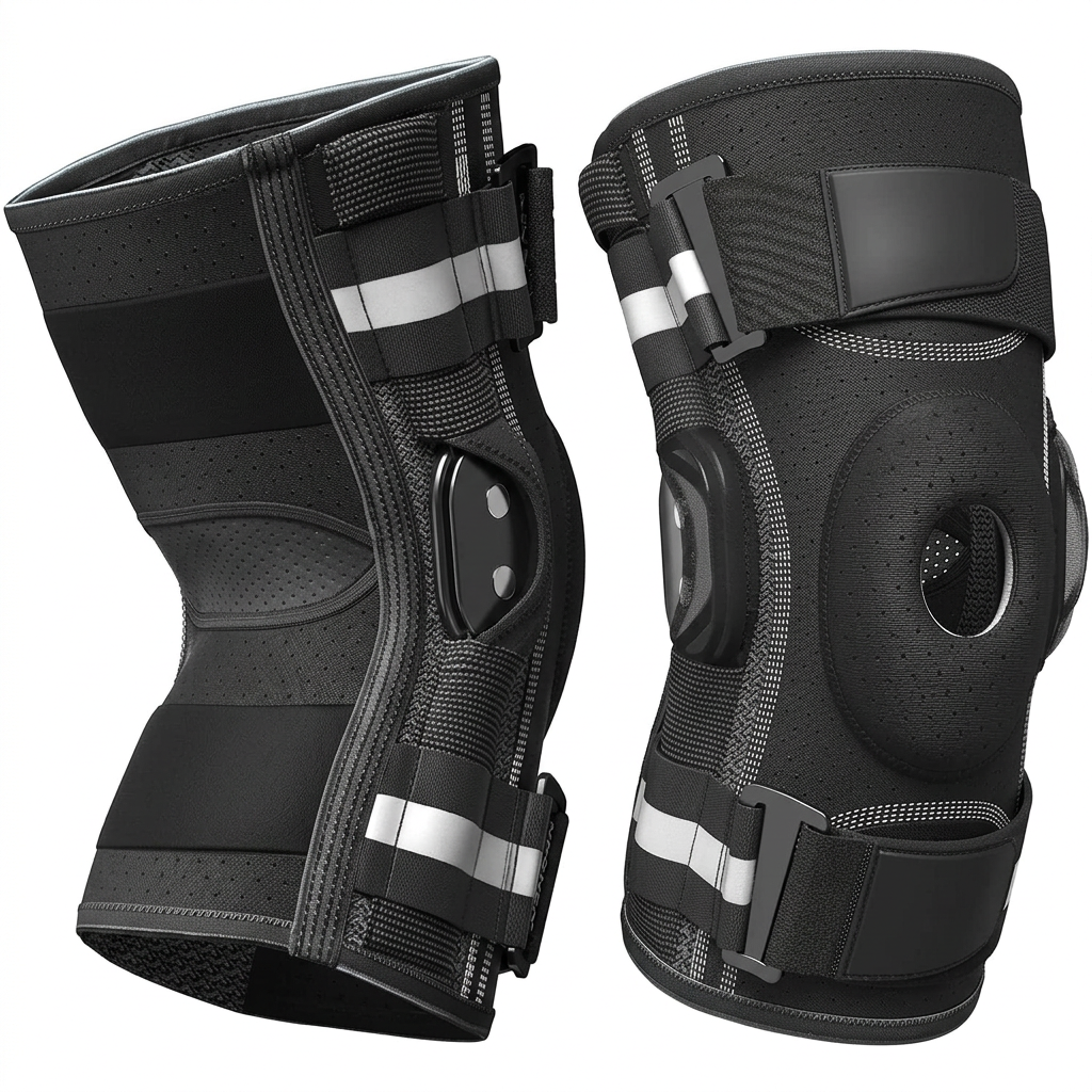 Back view of hinged knee brace highlighting breathable material and dual stabilizers for joint protection
