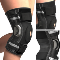 Side view of hinged knee brace showing ergonomic hinges, adjustable straps, and patella support