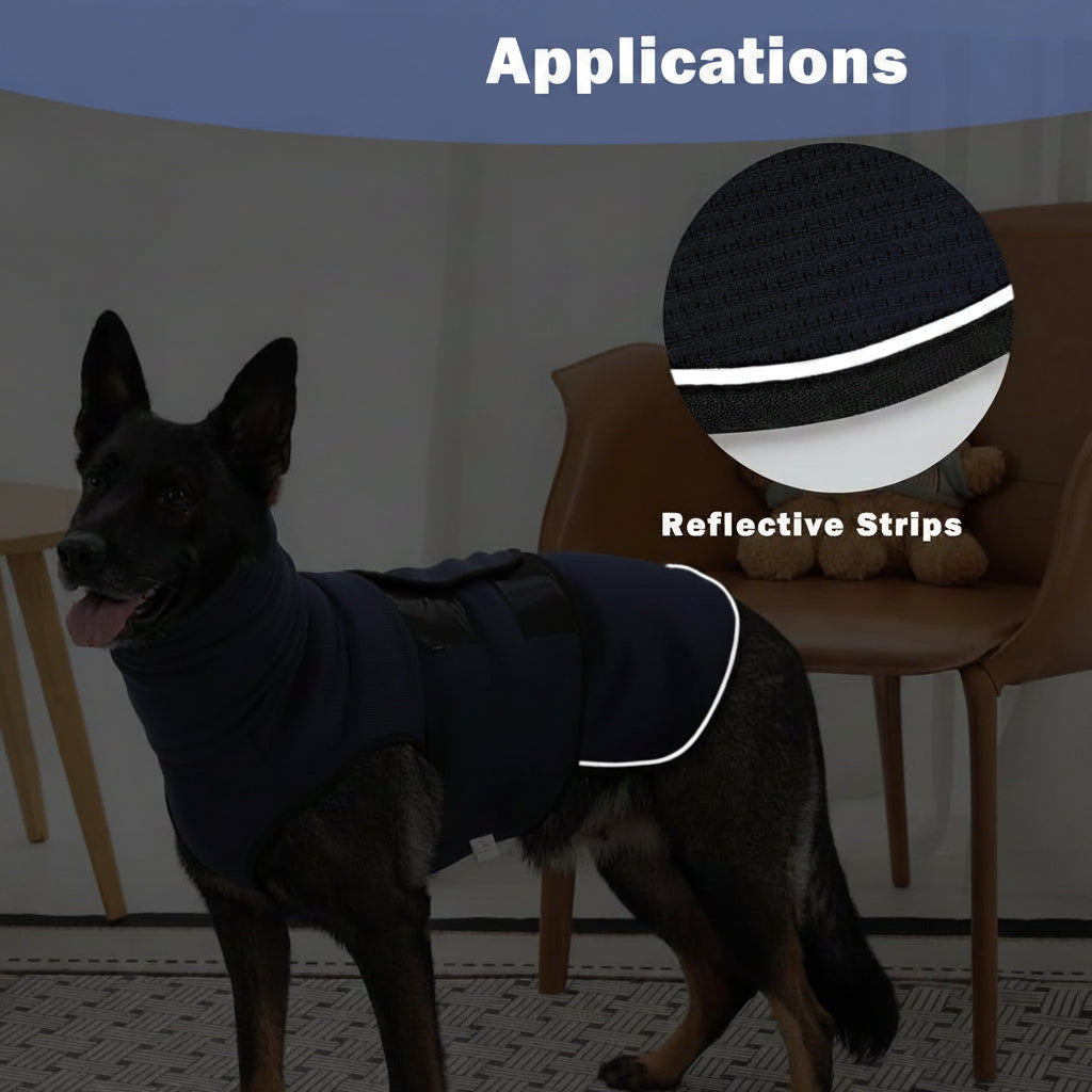 Dog Wearing A Hooded Comfort Vest During Indoor Relaxation