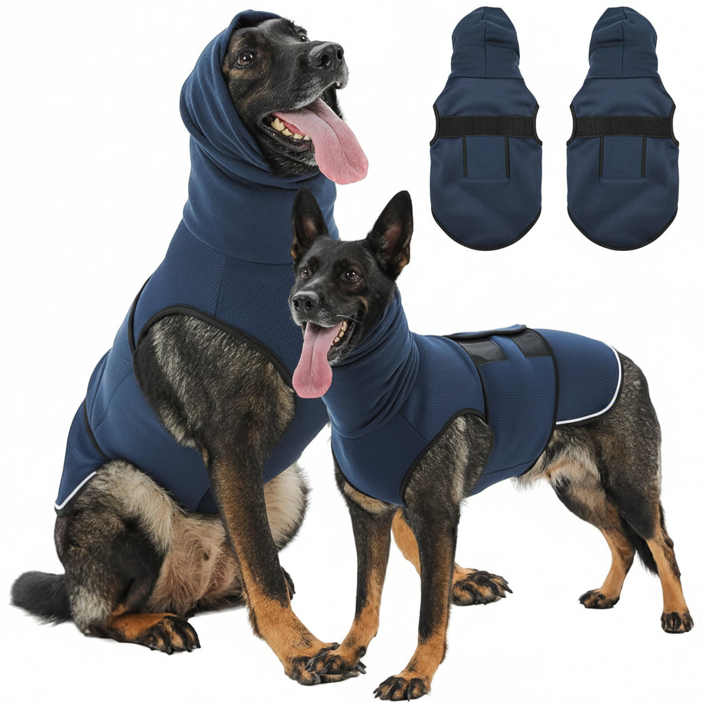 Dog Wearing A Hooded Comfort Vest During Indoor Relaxation