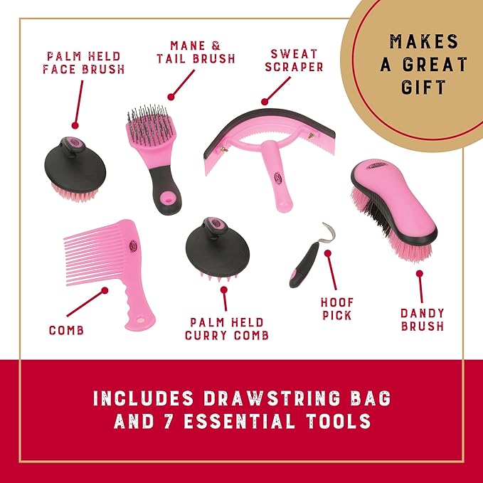 horse grooming brushes and hoof pick set with tote bag