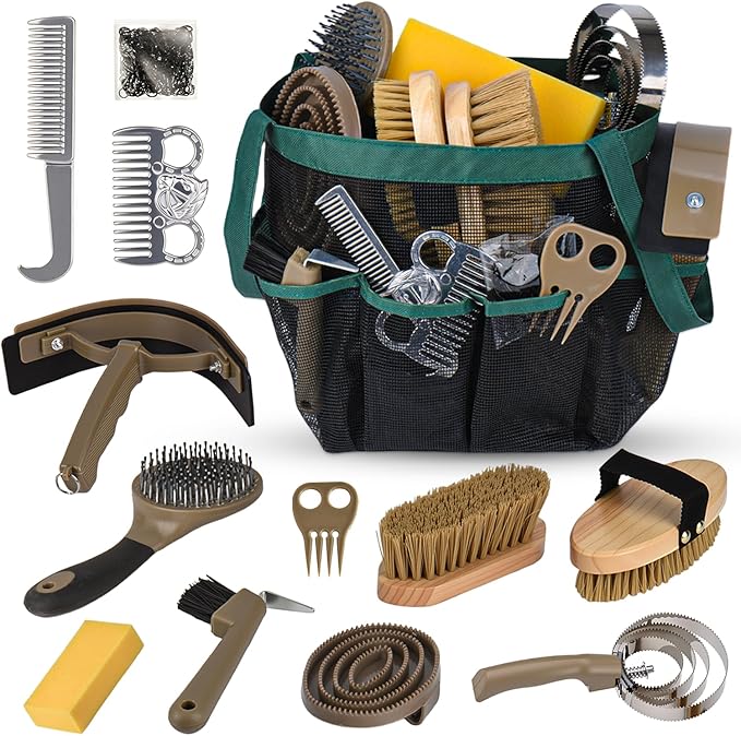 13 piece horse grooming brush set with curry comb and organizer bag