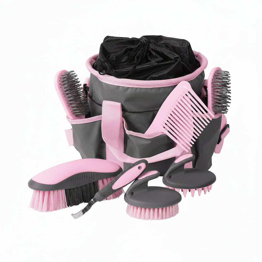 Seven piece grooming set for horse stable care