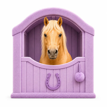 Horse supplies category image with palomino horse in lavender stable