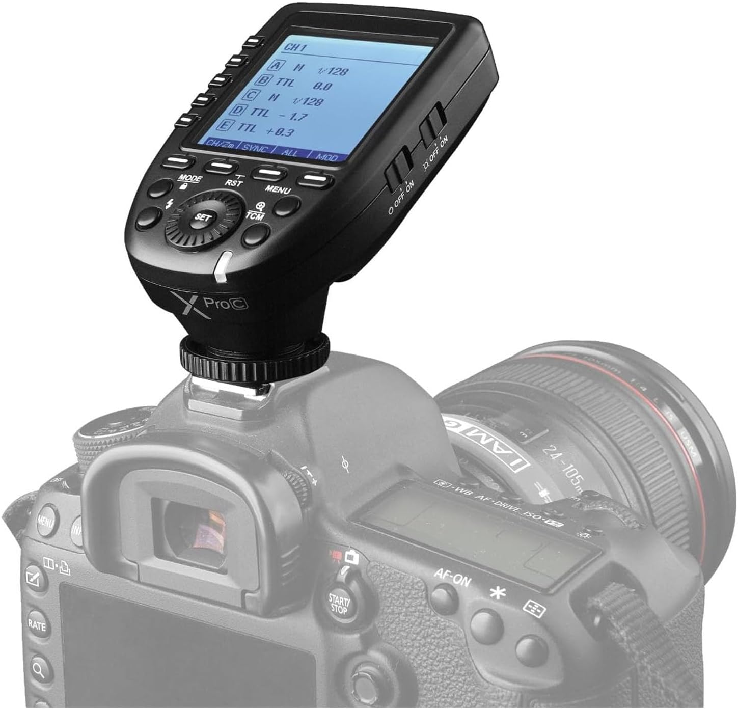 flash trigger mounted on canon camera hot shoe
