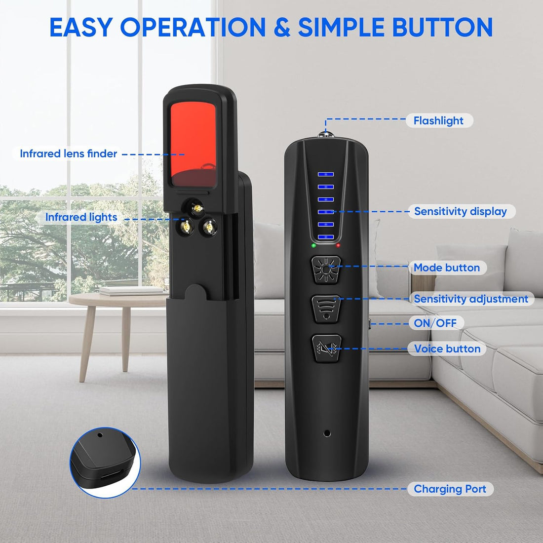 portable hidden camera detector scanning hotel room for spy cameras and GPS trackers