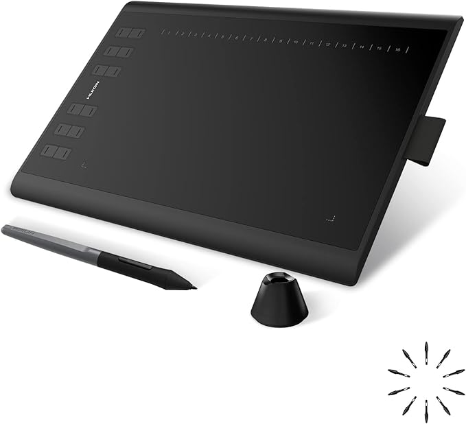 Huion Inspiroy H1060P drawing tablet front view with stylus and shortcut keys