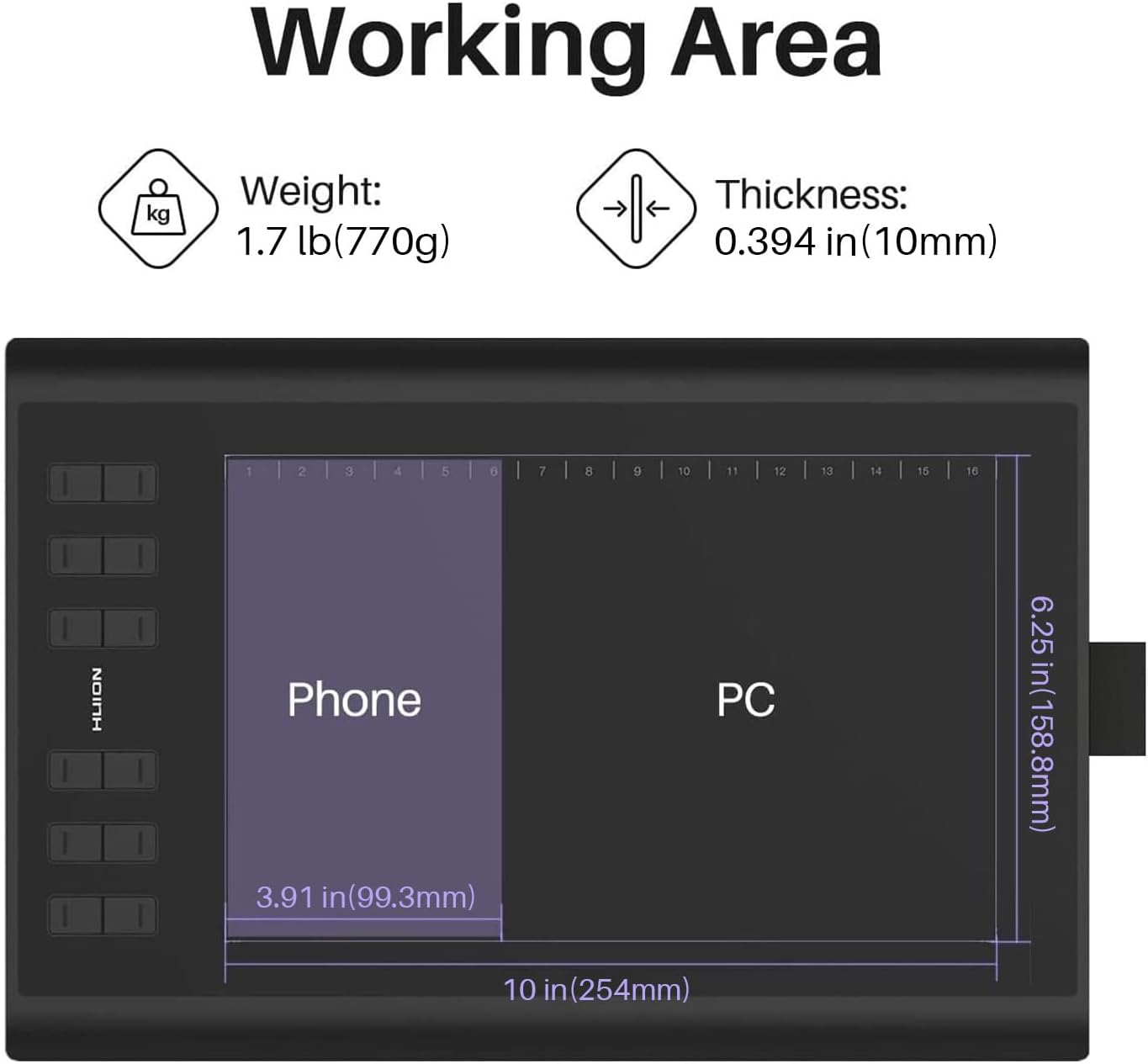 Huion Inspiroy H1060P package contents with tablet, pen, and accessories