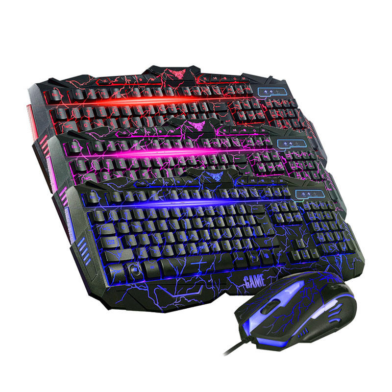 Illuminated keyboard with wired mouse for computer use