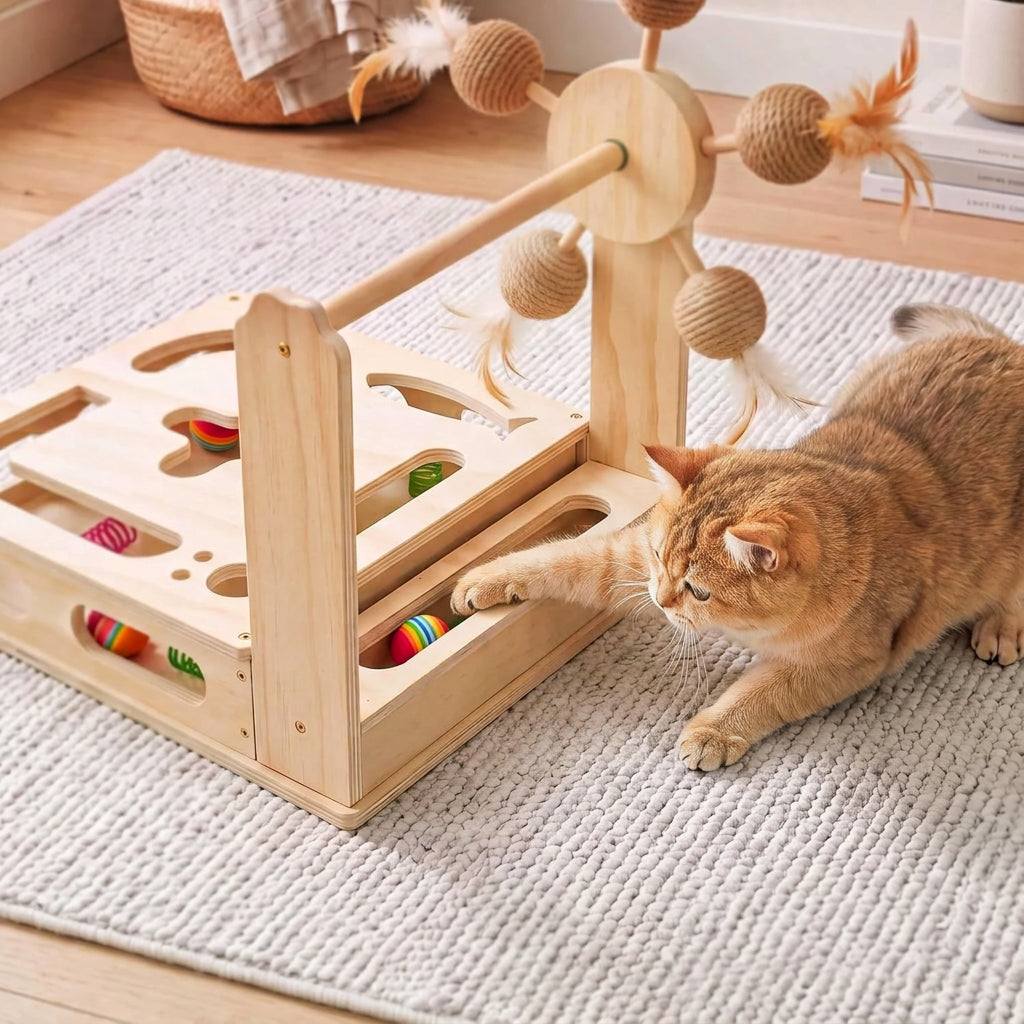 Indoor interactive cat toy with spinning wheel balls and feather