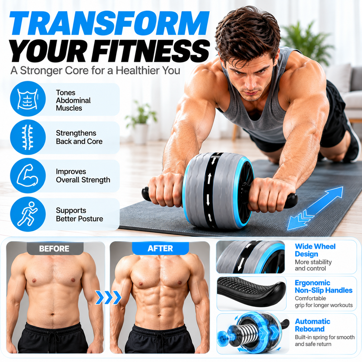 Indoor fitness setup with an exercise roller ready for controlled core workouts.
