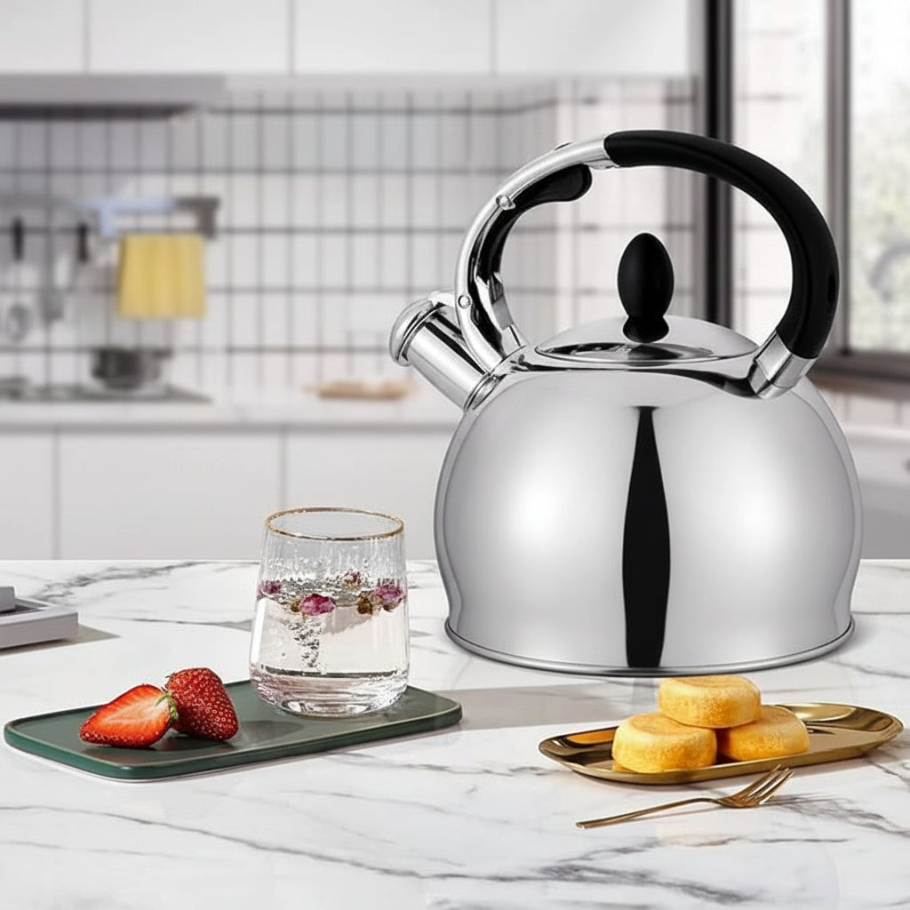 Whistling tea kettle for induction, gas, electric and radiant cooktops