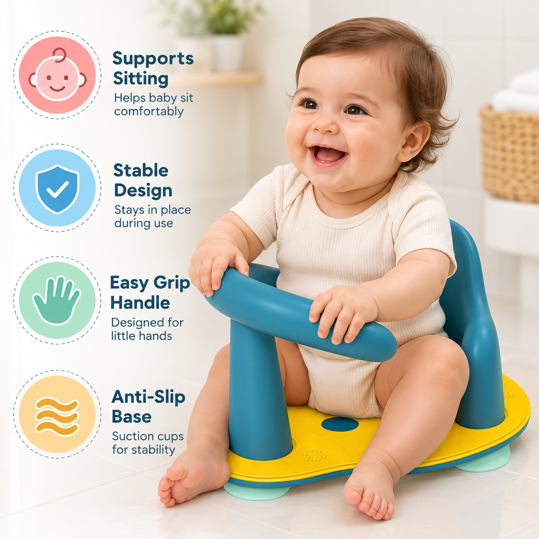 Infant bathing chair showing the rounded front bar, raised backrest, seating surface and suction attachments.