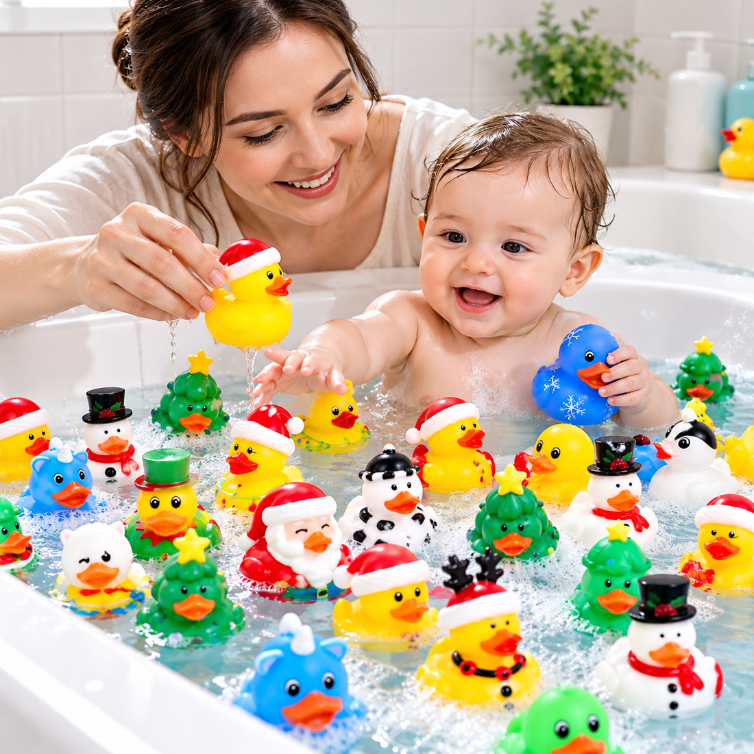Baby enjoying supervised bath time with bright festive duck characters