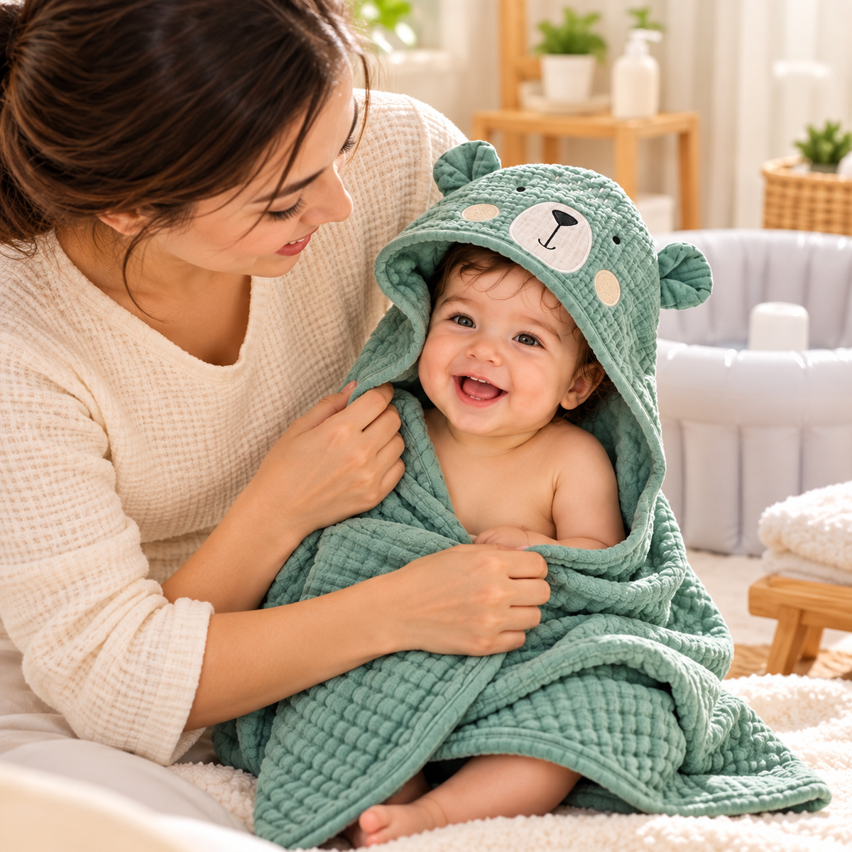 Infant bathing essentials arranged for washing, drying and supervised bath-time play