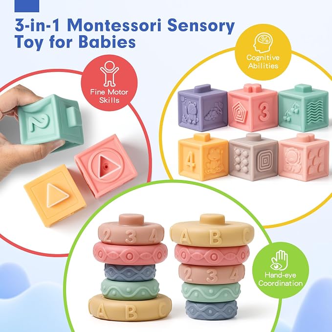 Baby building blocks arranged as part of a Montessori-inspired infant toy set.