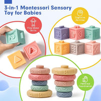 Baby building blocks arranged as part of a Montessori-inspired infant toy set.