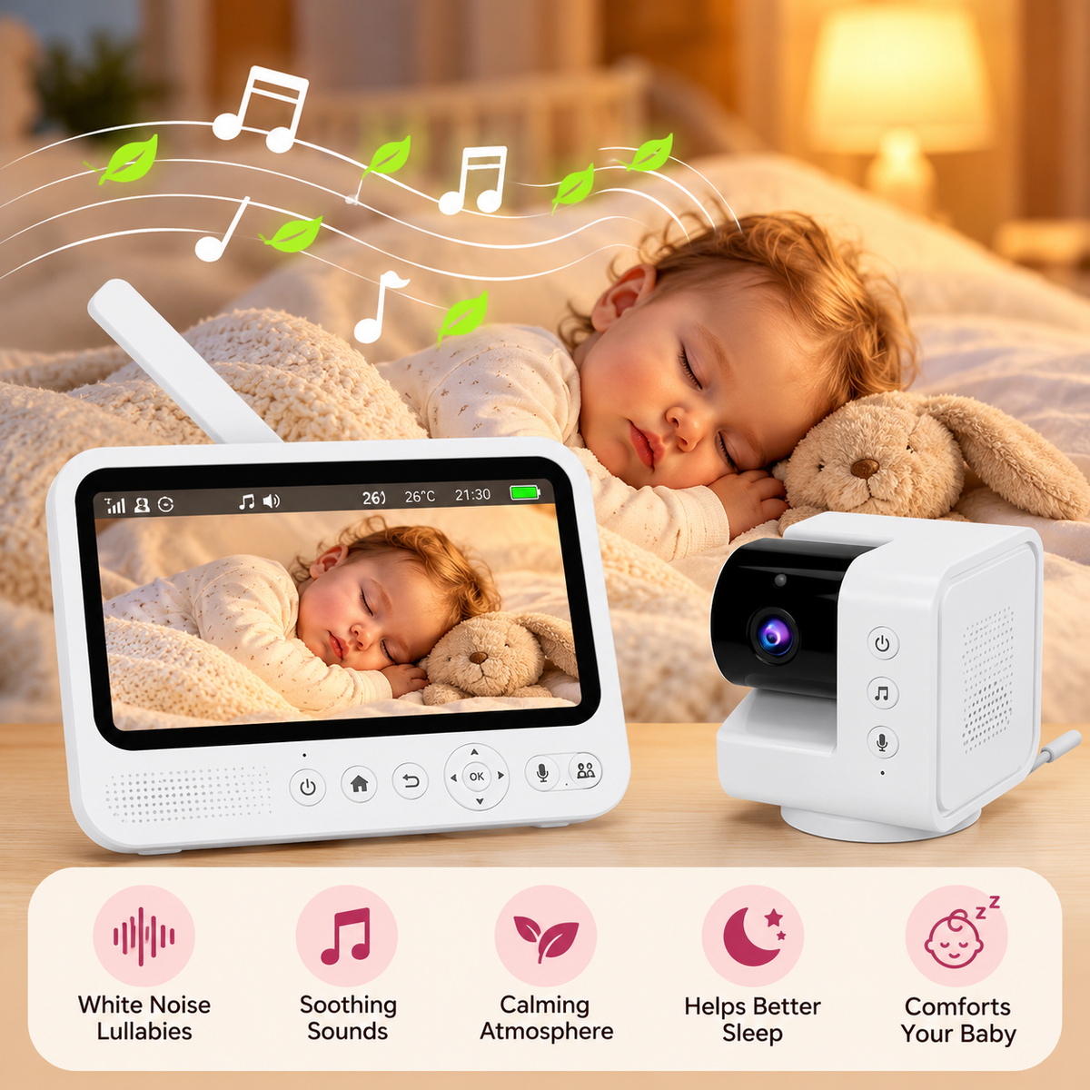 Compact white infant camera with black lens housing and separate monitoring unit