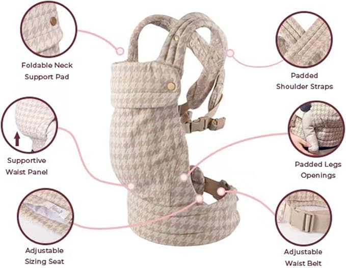  Front-facing photograph showing the babywearing carrier's body panel and fastening arrangement.