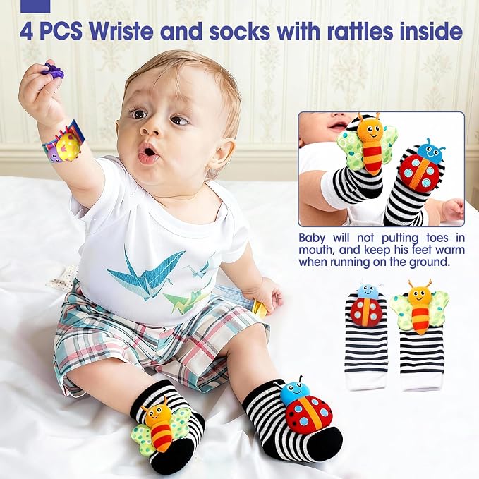 Baby holding an age-appropriate rattle during supervised awake-time play.