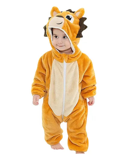 Front view of a soft-looking animal romper with a central zipper.