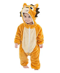 Front view of a soft-looking animal romper with a central zipper.
