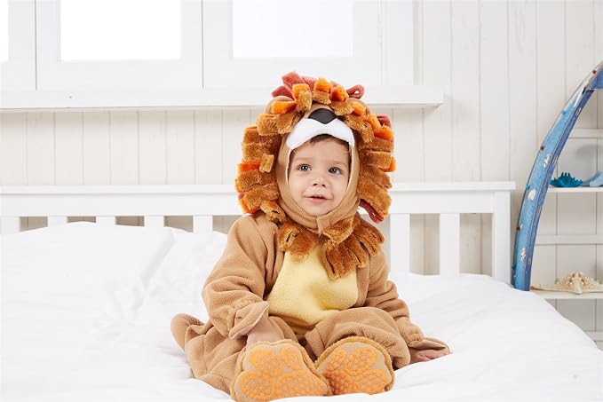 Front view of an animal-inspired baby outfit with long sleeves and a character hood.