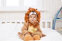 Front view of an animal-inspired baby outfit with long sleeves and a character hood.