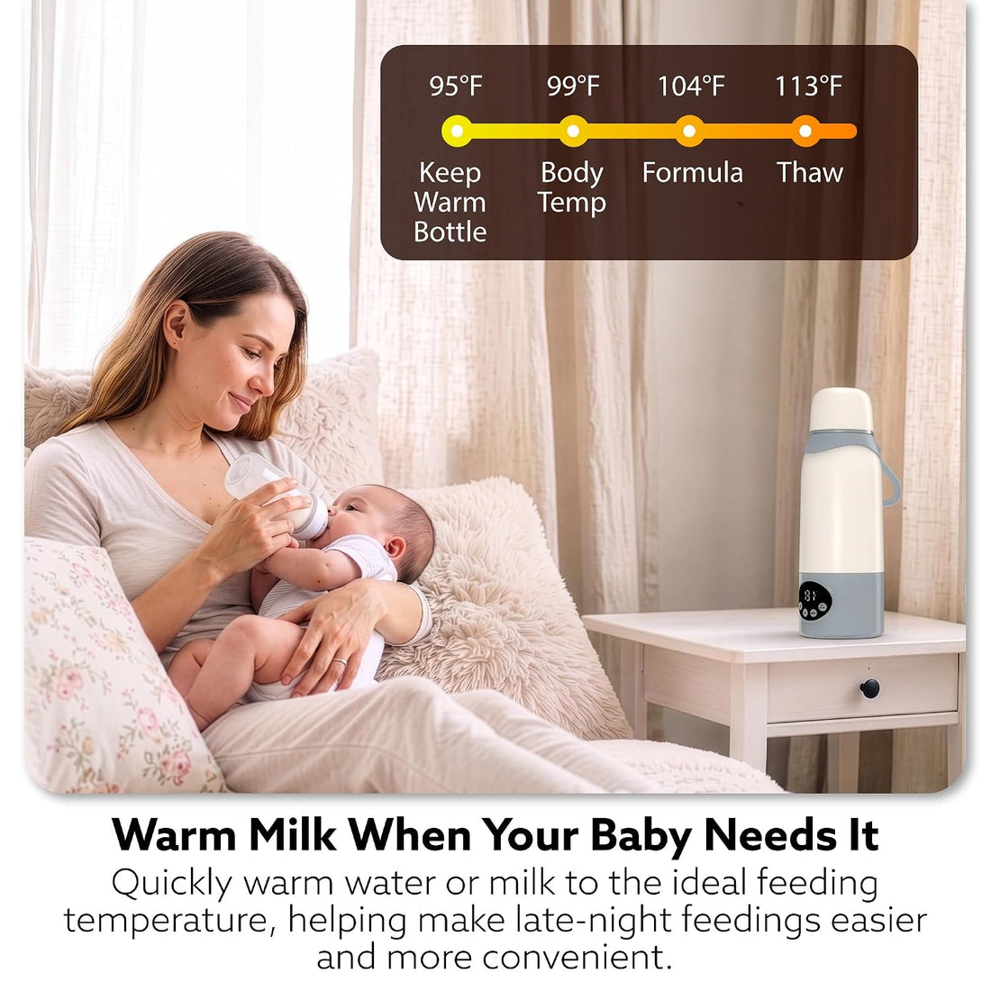 Compact infant milk warming device displayed beside its USB-C charging cable