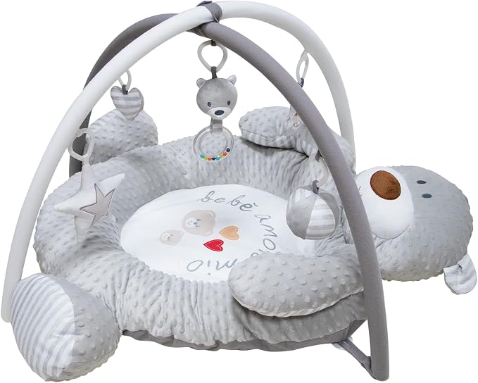 Infant play gym mat with hanging toys and activity arches
