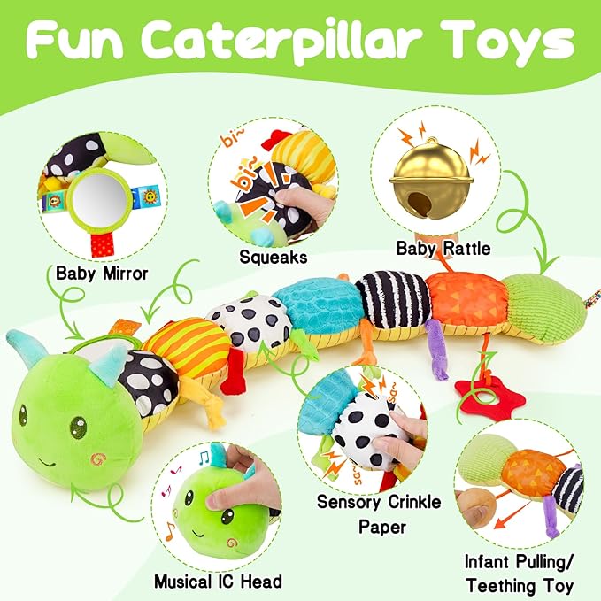 Infant sensory toy with rattle, crinkle fabric, and mirror
