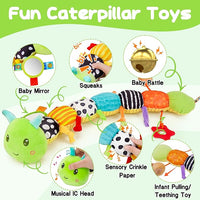 Infant sensory toy with rattle, crinkle fabric, and mirror