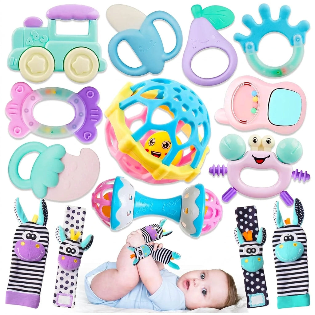 Colourful assortment of infant teethers, baby rattles, grasping balls and soft zebra-themed wrist toys.