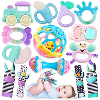 Colourful assortment of infant teethers, baby rattles, grasping balls and soft zebra-themed wrist toys.