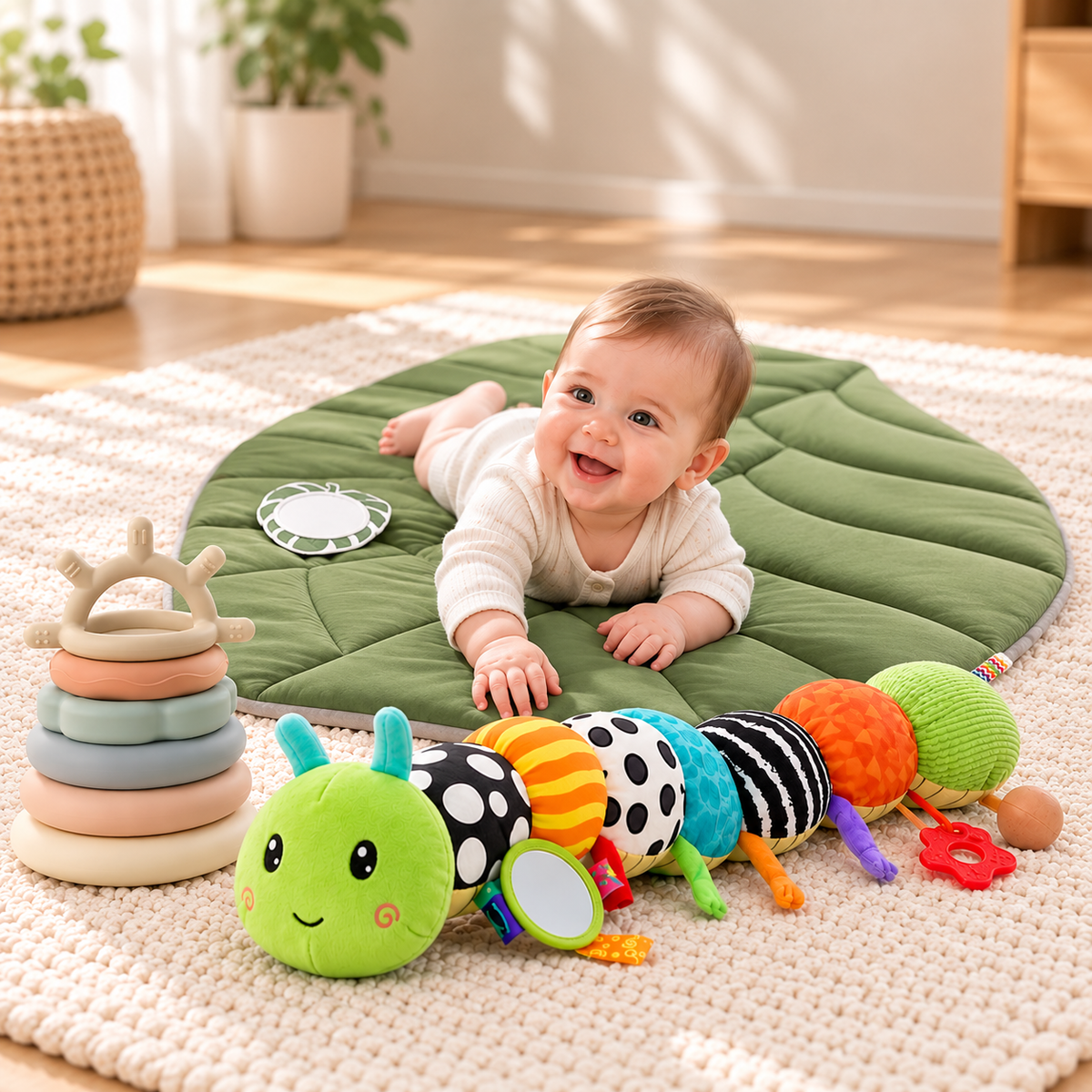 Infant enjoying tummy time on a soft activity mat beneath a wooden-style play gym